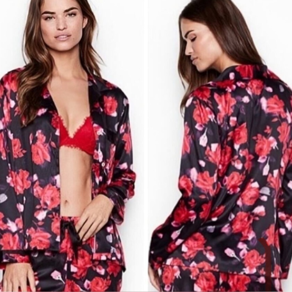 Victoria's Secret Black Pink Red Rose Floral Satin Pajama Top Shirt NEW NWT